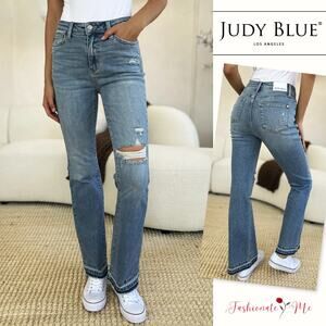 Judy Blue Mid Rise Destroyed Hem Distressed Medium Washed Straight Denim Jeans